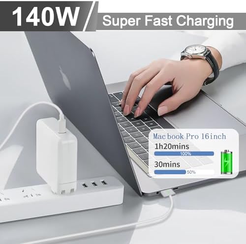 140 W USB-C Power Adapter for Mac Book Pro & Air – Fast Charging with Magnetic Connector, 6.6 FT Braided Cable & LED Indicator – Ultimate Compatibility & Safety Features for M1, M2, M3 Models (2021-2024)