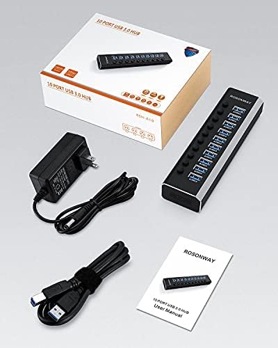 Enhance Your Workspace with the Rosonway Aluminum 10-Port USB 3.0 Hub – High-Speed Data Transfer, 36 W Power Adapter & Individual On/Off Switches for Ultimate Control – Perfect for Home and Office Connectivity