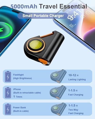 Compact Travel Power Bank with 5000 m Ah Capacity & 22.5 W Rapid Charge – Built-in 2.3 ft Retractable USB-C Cable & Emergency Flashlight – Ideal for i Phone 16/15/14, Samsung & Android Devices – Sleek Black Design for Ultimate Portability and Style