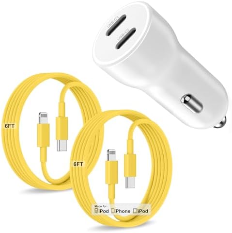 Dual-Port 45 W USB C Car Charger Adapter for Apple Devices – MFi Certified Fast Charger with 3 ft Lightning Cable (Pack of 2) – Rapid Charging for i Phone 14/13/12/11 Pro Max, i Pad, and Air Pods – Durable & Portable Power Solution for On-the-Go Lifestyle