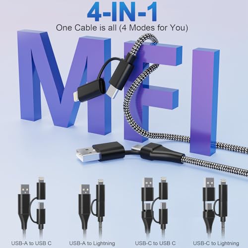 Experience the Ultimate Convenience with a 20 FT MFi Certified i Phone Charger Cord – Versatile 4-in-1 USB-C and Lightning Fast Charging Cable for i Phone, i Pad Pro, Galaxy, Mac Book, and Huawei Devices – Durable Nylon Braided Design for Long-Lasting Performance and Enhanced Charging Speed up to 60 W – Perfect for Seamless Data Transfer and Flexible Device Use at Home or Office