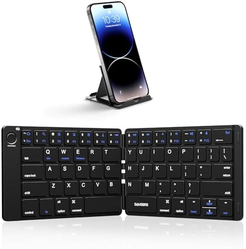 Samsers Portable Foldable Bluetooth Keyboard – Ultra Slim Wireless Keyboard with Stand for i OS, Android & Windows Devices – Rechargeable Multi-Device Travel Keyboard for Effortless Typing on the Go – Sleek Black Design