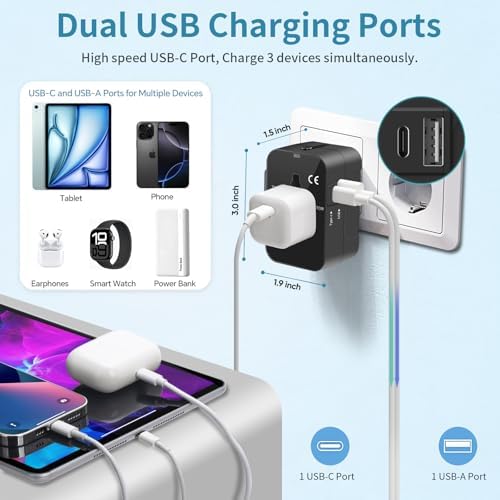 Global Travel Power Adapter with Dual USB-C & USB-A Ports – Compact & Efficient Universal Charger for USA, EU, UK & AUS – Reliable Fast Charging Solution for Tech-Savvy Travelers in Sleek Black Finish