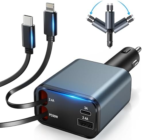 Dual-Port Retractable 4-in-1 Car Charger Set – Fast Charge i Phone and USB-C Devices with 2.6 ft Cords – Essential Gray Adapter for Men and Women – Perfect Travel Companion and Gift for Efficient Charging on the Go