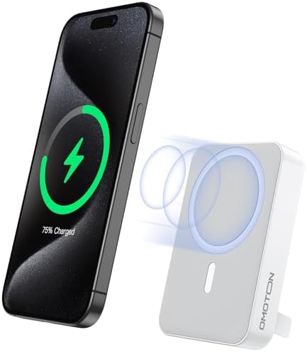 OMOTON 10,000 m Ah Magnetic Power Bank with Foldable Stand – Fast Charging Battery Pack for i Phone 15 and Above, Enhanced LED Display for Real-Time Monitoring, Sleek Gray and White Design for Ultimate Portability and Style