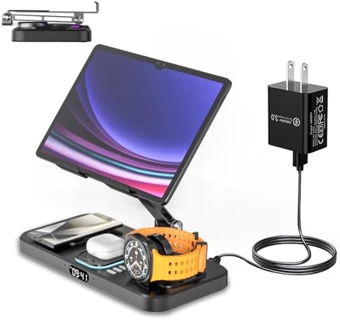 Ultimate 6-in-1 Magnetic Wireless Charging Station for Samsung Devices – Multi-Device Charger Dock with Night Light & Alarm Clock for Galaxy S25/S24/S23/Note 20/Fold7/Flip7, Galaxy Watch 7/6/5 Pro/Ultra, Galaxy Buds & Tablets – Portable & Fast Charging Solution for Home & Travel
