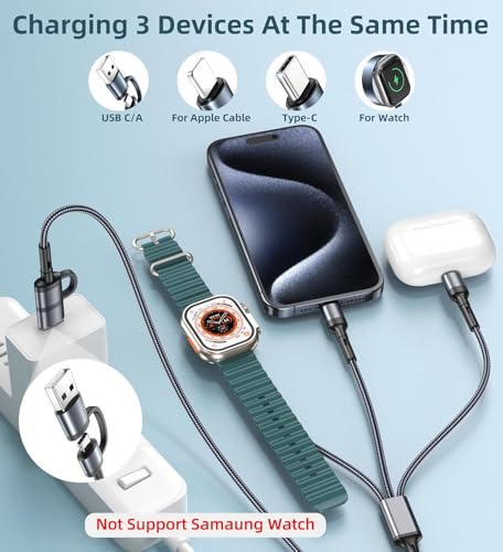 4 FT USB-C Multi-Device Charging Cable Duo for Apple Watch and i Phone – Superior 3-in-2 Charging Solution for i Watch Models and i Phone 16/15/14/13/12/11 & Galaxy S23 – Enhanced Rapid Charging, Exceptional Durability, and Total Convenience for Mobile Users