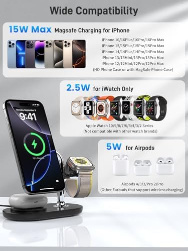 Ultimate 3-in-1 Mag Safe Dual Wireless Charging Station for i Phone 16/15/14/13/12, Air Pods Pro 2, and Apple Watch Series 10/9/8/7 – Fast & Efficient Charging Solution with Clutter-Free Design and LED Status Indicators for Seamless Device Power-Up