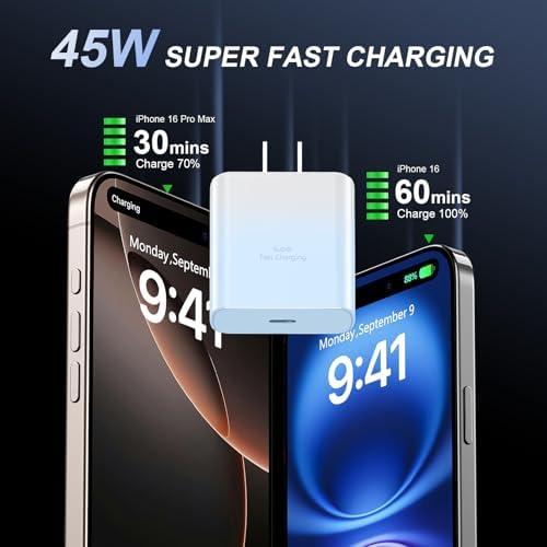Accelerate Your Power Needs with Our 45 W Ultra-Fast USB-C Charger for Phone 16 Series – Includes a 10 ft Type C Cable in Eye-Catching Purple – Perfectly Crafted for Swift Power Delivery to Phone 16 Pro, Max, Plus & Earlier Models – Unleash Maximum Charging Efficiency and Aesthetic Appeal for Tech Enthusiasts on the Move