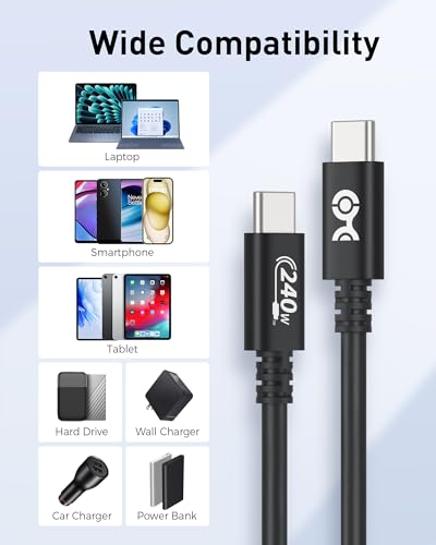 High-Performance 240 W USB C Cable – 9.8 ft Fast Charging & Data Transfer Cord for Mac Book, i Pad Pro, XPS, Surface Pro – Durable, Flexible Design Ideal for Home & Office Use – Essential Accessory for Tech Professionals and Enthusiasts