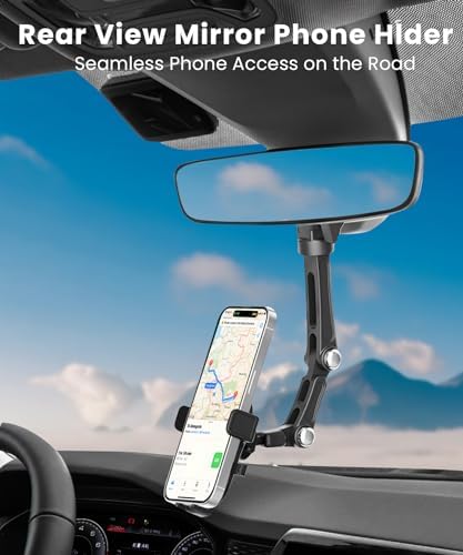 Karmus Universal Rearview Mirror Phone Holder – Rotatable and Retractable Car Mount for All Smartphones – Essential Vehicle Accessory for Safe Hands-Free Navigation and Communication – Durable Design for Long-Lasting Use – Easy Installation for Optimal Viewing Angles