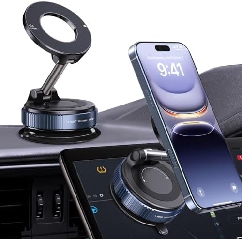 360° Rotatable Vacuum Magnetic Phone Holder, Foldable and Retractable Suction Cup Car Phone Mount for Car/Gym/Mirror/Smooth Surface, Compatible with iPhone Android and All Smartphones (Black) – Enhanced Compatibility and Speed