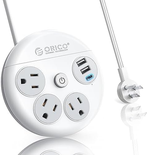 Compact ORICO Travel Power Strip with 3 AC Outlets & 3 Fast USB Ports (1 USB-C) – Space-Saving Flat Plug Extension Cord for Effortless Charging on Cruises, Hotels & Airports – Essential Travel Accessory in Sleek White Design