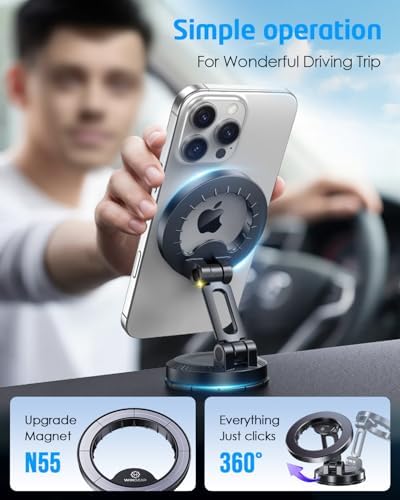 WixGear for MagSafe Car Mount, Foldable Car Phone Mount, Magnetic Phone Holder for Car Dashboard, Strong Magnets, MagSafe Suction Mount, MagSafe Dash Mount, 360° Rotation, Compatible with iPhones – Enhanced Compatibility and Speed
