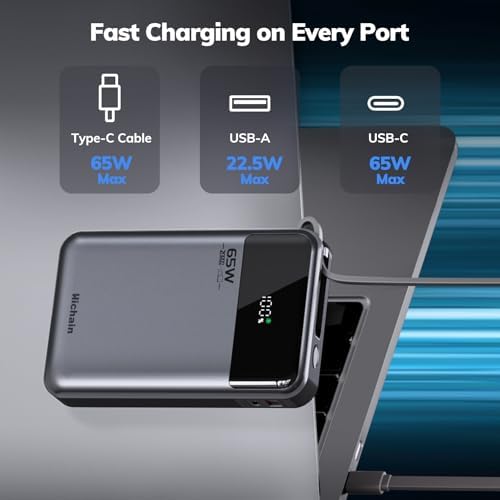 Hichain 65 W PD 20000 m Ah Fast Charging Power Bank – High-Capacity Portable Laptop Charger with Triple USB-C Ports for Mac Book, i Phone 16/15, Samsung & Android Devices – Sleek Gray Design for Effortless Travel Power Solutions