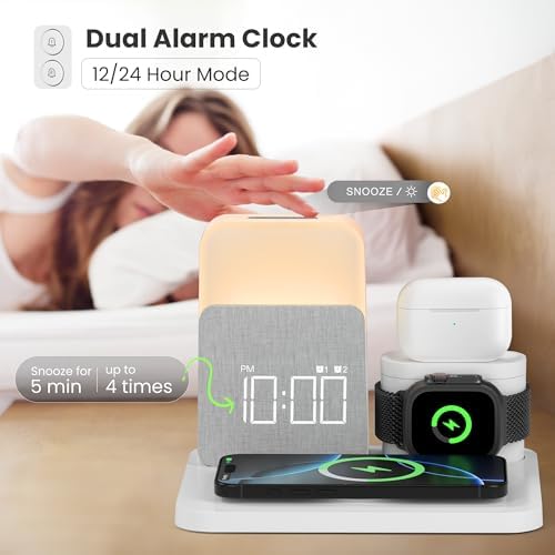 Elevate Your Nightstand with the 7-in-1 Wireless Alarm Clock Charging Station – Fast Mag-Safe Charger for i Phone 12-16 Pro Max, Apple Watch & Air Pods, Features Adjustable Night Light and Sleek Time Display for Ultimate Bedroom Convenience