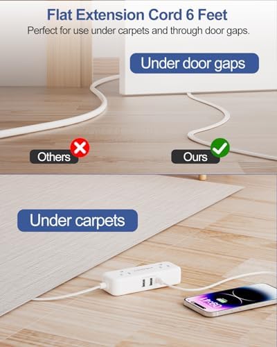 Sleek Flat Plug Power Strip with 5 Ft Extension Cord – 4 AC Outlets & 3 Fast-Charging USB Ports (5 V/3.4 A) – Compact Travel-Friendly Power Solution for College Dorms, Home Offices, and On-the-Go Charging – Maximize Space and Connectivity