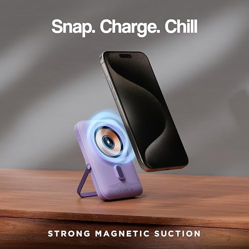 10,000 m Ah Magnetic Power Bank with Metal Kickstand, Ultra-Fast 20 W Charging, LED Battery Indicator, USB-C & Mag Safe Compatibility – Ideal for i Phone 15/14/13/12 Pro Series and Android Devices, Lightweight Design for On-the-Go Convenience