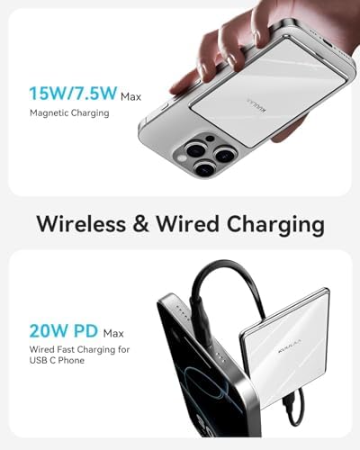 Ultra-Slim Kuulaa 10000 m Ah Mag Safe Power Bank – Fast Wireless Charger for i Phone 16/15/14/13/12 Series – Effortless Magnetic Alignment for On-the-Go Charging – High-Capacity Portable Battery Pack with LED Status Indicator