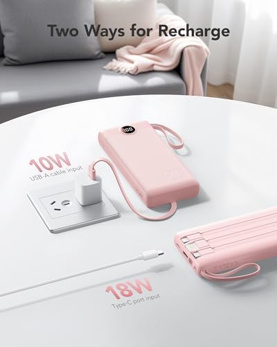Ultimate 20000 m Ah VRURC Portable Charger with Built-in Cables – Fast Charging Power Bank for Travel, PD & QC 3.0 Compatible, 4 Output Ports & Dual Input, Ideal for i Phone, Samsung, Android Devices – Compact & Durable Battery Pack for On-the-Go Power