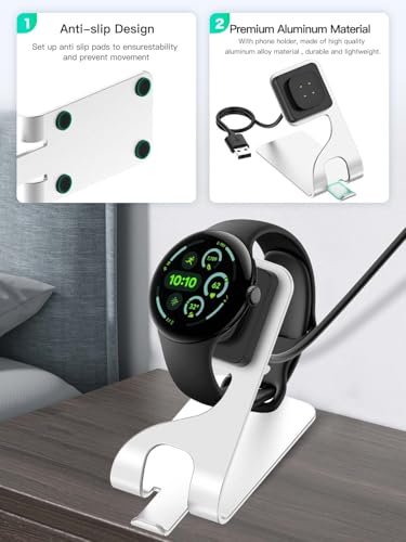 Sleek Silver Magnetic Charging Dock for Google Pixel Watch 3 & 2 | Rapid Anti-Slip Power Station with Premium USB Cable | Ultimate Smartwatch Charging Solution for Home & Office Efficiency