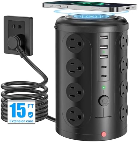 Advanced Surge Protector Power Strip with 15 W Wireless Charging Station – 16 AC Outlets & 5 USB Ports (Including 2 USB-C) for Optimal Home, Office, and Dorm Room Use – 10 FT Cord for Enhanced Flexibility and Speedy Device Charging