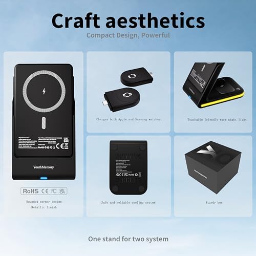 3-in-1 Magnetic Wireless Charging Station for i Phone & Samsung – Portable 5000 m Ah Power Bank, Multi-Device Charger for Apple Watch, Galaxy Watch & Air Pods – Fast Charging with Safety Features – Ideal for Home & Travel