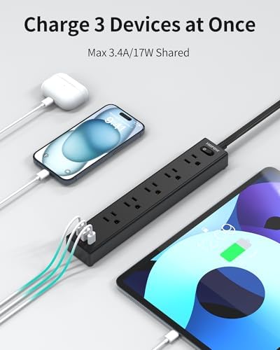Ultra-Slim 15 FT Flat Plug Power Strip with 5 Outlets & 3 Smart USB Ports – 1700 Joules Surge Protector for Home, Office & Dorm Use – Space-Saving Design with Right-Angle Plug for Optimal Access and Charging Efficiency