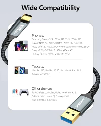 SUNGUY USB C Android Auto Cable 1FT[5Pack], 10Gbps USB C 3.1 Gen2 USB A to USB C Data Transfer Cable, 3A Fast Charging USB Type C Cord for iPhone 16 15 Pro/Pro Max/Plus, Samsung Galaxy S24, Pixel – Enhanced Compatibility and Speed