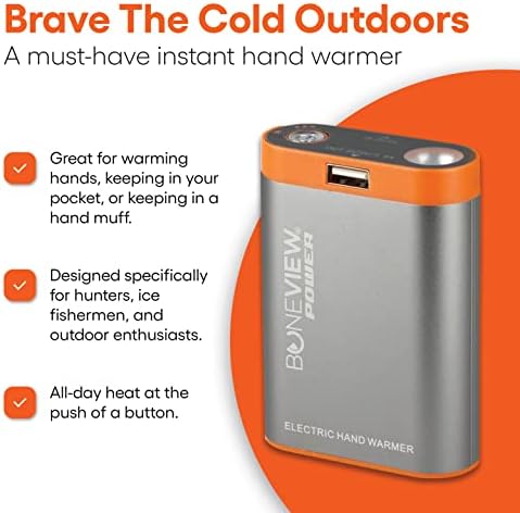 Ultimate Electric Hand Warmer & Power Bank by Bone View – 9900 m Ah Rechargeable Battery with Rapid Heat & Integrated Flashlight – Essential Camping Gadget for Hunters, Fishers & Outdoor Enthusiasts – Lightweight, Durable, Multi-Device Charging Solution
