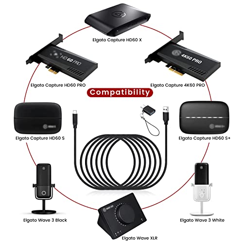 weishan 6.6 ft USB C Cable for Elgato HD60 S+, HD60 X Game Capture Card & Wave 3 XLR Mic – Ultra-Fast Charging & Data Transfer, Enhanced Performance with Included Adapter – Perfect for Gamers and Audio Professionals