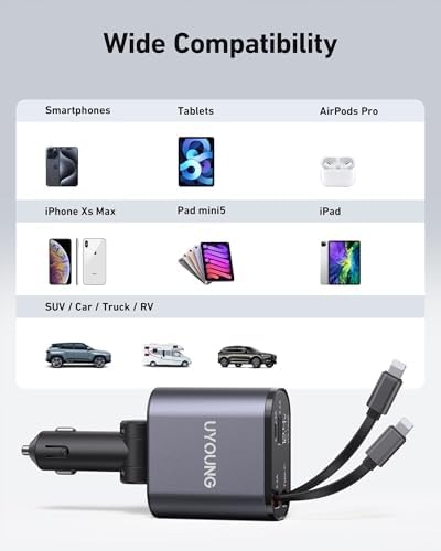 Revolutionize Your Road Trips with the UYOUNG 100 W Retractable Car Charger – 4-in-1 Fast Charging Solution with Dual 31.5-Inch Cables & Dual USB Ports for i Phone 15/14/13/12/11 Pro Max, Samsung, Pixel, and More – Ultimate Compatibility & Speed for Modern Travelers