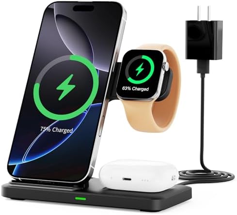 3-in-1 Wireless Charging Station for Apple Devices – 15 W Fast Charger Stand for i Phone 16/15/14/13/12/11, Apple Watch, and Air Pods – Convenient Portable Design with Enhanced Compatibility and Safety Features for Home and Travel – Perfect Gift for Tech Enthusiasts