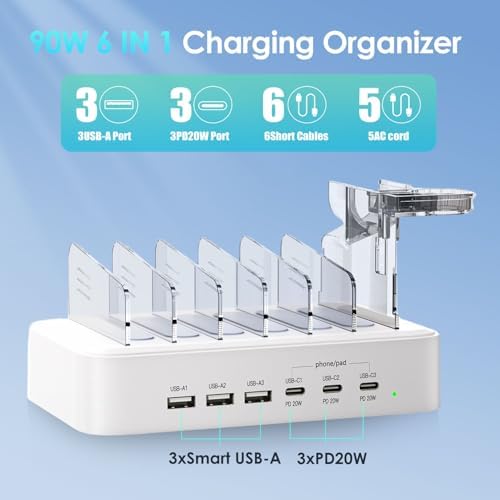 Ultimate 90 W Multi-Device Charging Station – 6-Port Organizer with 3 PD 20 W USB-C Fast Charge Capability for i Phones, i Pads, Tablets, Kindles, and More – Includes 6 Versatile Cables, Air Pods and Apple Watch Holders – Streamlined Design for Enhanced Efficiency and Space Management