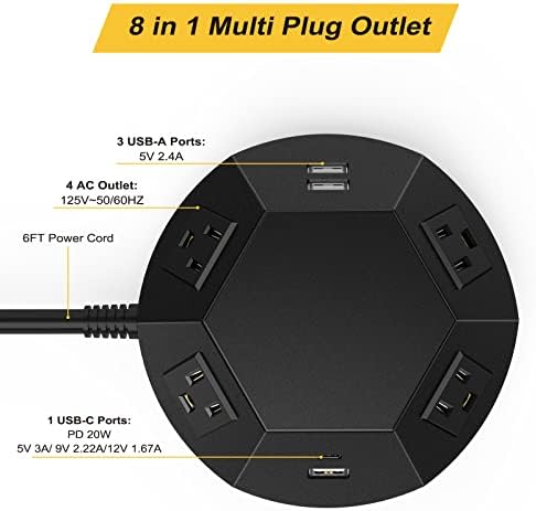 Advanced Power Strip Tower with Surge Protection, 20 W USB-C Charging Ports, 4 AC Outlets, and 4 USB Ports – 6.56 FT Extension Cord for Optimal Connectivity in Home Office, Bedroom, and Living Spaces – Compact Design for Space-Saving Efficiency and Enhanced Device Safety