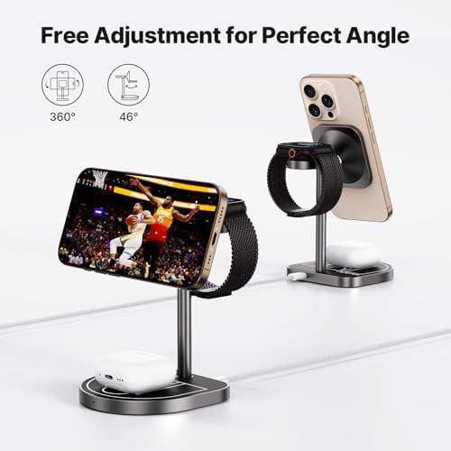 X85 Magnetic 3-in-1 Wireless Charger Stand – Versatile Charging Station for i Phone 16/15/14/13/12, Apple Watch S10/Ultra/9/8/7 & Air Pods 4/3/2/Pro – Adjustable Viewing Angles with Unique Basketball Court Design – Fast Charging Solution for Tech Enthusiasts