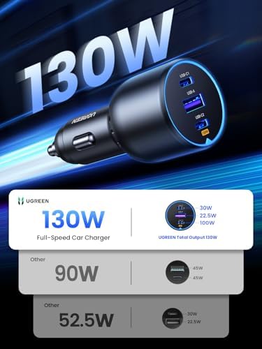 UGREEN 130 W USB-C Car Charger: Lightning-Fast Dual Port Adapter for i Phone 16/15/14, Galaxy S24/S23 Ultra, i Pad & Mac Book – Superior Compatibility for On-the-Go Power Solutions