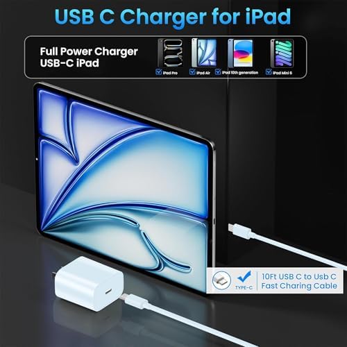 10 FT i Pad Fast Charging Cable Set – High-Power 20 W USB C Charger with Extended Reach for Ultimate Flexibility, Compatible with i Pad 10 th/11 th Gen, i Pad Pro (12.9/11 inch), i Pad Air (4 th/5 th), and i Pad Mini – Durable, Stylish Black Design for Seamless Charging Experience