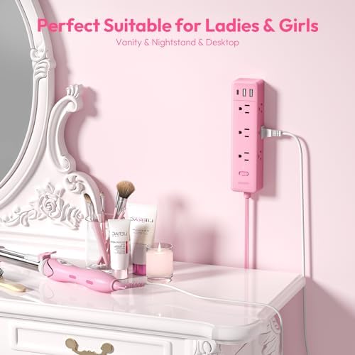 Stylish Pink Surge Protector Power Strip by NTONPOWER – 15 FT Flat Extension Cord with 9 AC Outlets & 3 USB Ports (1 USB-C), 1080 J Surge Protection for Home, Dorm, and Desk Use – Perfect for Women Seeking Efficiency and Aesthetic
