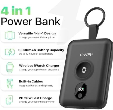 Versatile PWR Versa 4 in 1 Portable Charger for Apple Watch – 5000 m Ah Wireless Power Bank with Built-in Cables and Travel Keychain – Fast Charging, Enhanced Device Compatibility, and Durable Design for On-the-Go Power Solutions