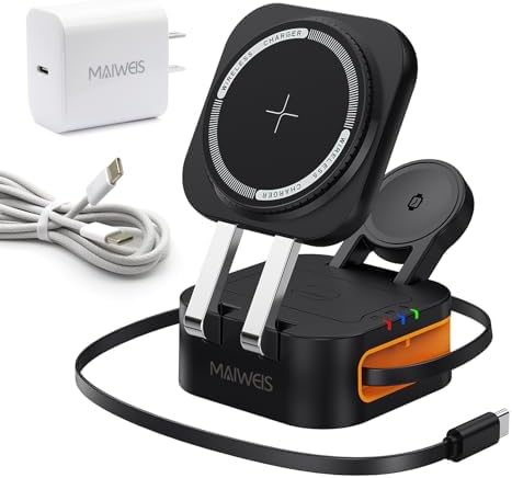 Magnetic 3-in-1 Wireless Charging Station for Apple Devices – Foldable & Portable Charger with Retractable Cable Stand for i Phone 16/15, Apple Watch, Air Pods (Black) – Enhanced Speed, Smart Safety System, and Adjustable Viewing Angles