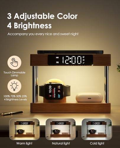 Eco-Friendly Bamboo Wireless Charging Station with Alarm Clock – Multi-Device Bedside Charger for i Phone, Air Pods & i Watch – Fast Charging & Adjustable Night Light – Perfect Gift for Him or Her