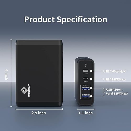Ultra-Fast 4-Port USB Charger by EGOWAY – 90 W Compact Wall Charger with Dual 60 W & 18 W USB-C Ports Plus 12 W USB-A for i Phone 15/14 Pro Max, Galaxy, and More – Efficient Power Delivery & Travel-Friendly Design – Tidy Desktop with 360° Rotatable Trestle