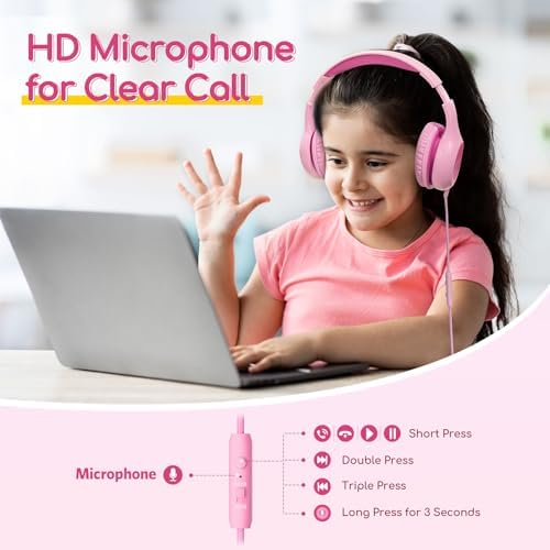 Kid-Friendly Foldable Wired Headphones with Microphone – Volume Limiting Safety (85/94 d B) for Hearing Protection, Share Port for Collaborative Audio, Ideal for Tablets, PCs, and School Use – Enhanced Type C Compatibility for Optimal Sound Quality and Comfort
