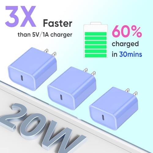 Ultra-Fast 20 W USB-C Wall Charger Block for i Phone 16/15 – 3-Pack Super Charging Adapter for i Phone, i Pad & Air Pods – Compact PD Type C Power Delivery Solution with Enhanced Compatibility & Safety Features