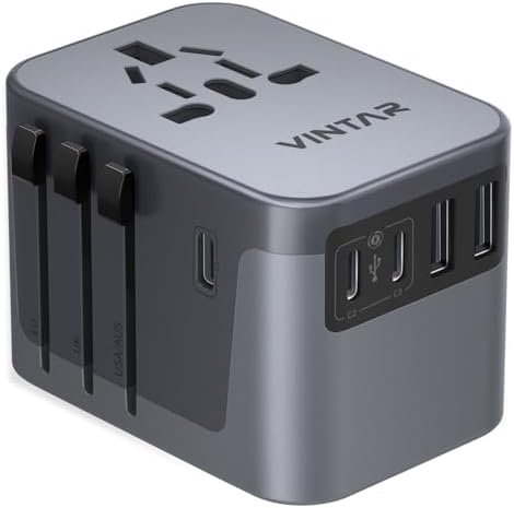 VINTAR Universal Travel Adapter: All-in-One Power Converter with 6 A Output, 3 USB-C and 2 USB Ports for Fast Global Charging Across Europe, UK, USA, and Australia – Essential Travel Accessory for Effortless Device Connectivity and Safety Features