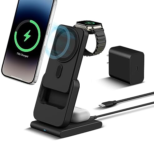 DDUAN 3-in-1 Wireless Charging Station for i Phone and Apple Watch – Foldable 5000 m Ah Magnetic Power Bank with Fast USB-C Charging for i Phone 16/15/14/13/12 Series – Sleek, Portable Design for Home and Travel