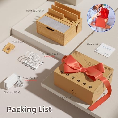 Bamboo Multi-Device Charging Station with 5-Port USB Hub & Drawer – Fast Charging Dock Organizer for Smartphones & Tablets – Eco-Friendly Power Solution with Enhanced Compatibility & Sleek Aesthetics