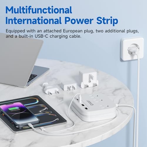 Universal Travel Power Strip with European Plug Adapter – Unidapt US to UK Adapter for EU/UK/US with 4 USB Ports Including USB-C, 3 AC Outlets, Wall Mountable Design, 5 ft Extension Cord for Home, Cruise, and Travel (Black) – Enhanced Device Compatibility and Fast Charging Solutions