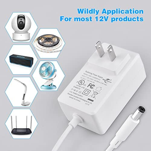 Versatile 12 V Power Adapter – AC to DC Transformer for LED Light Strips, LCD Monitors, and More – Compact 5.5 mm x 2.1 mm US Plug – UL Listed for Maximum Safety and Performance – Ideal for Home and Office Power Solutions